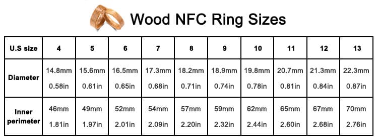 CXJ Wood NFC Ring Size Details